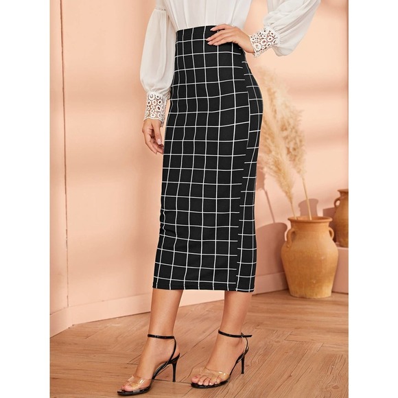 Grid plaid Pencil midi Skirt black white - Picture 4 of 5